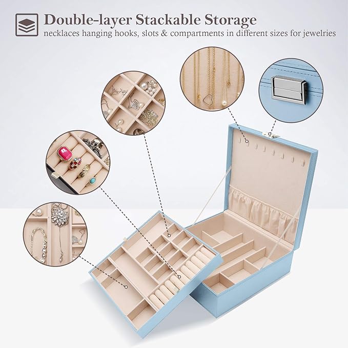 ProCase Jewelry Box for Women, 2 Layers Large Leather Jewelry Organizer Storage Case with Removable Pad for Earrings -Blue