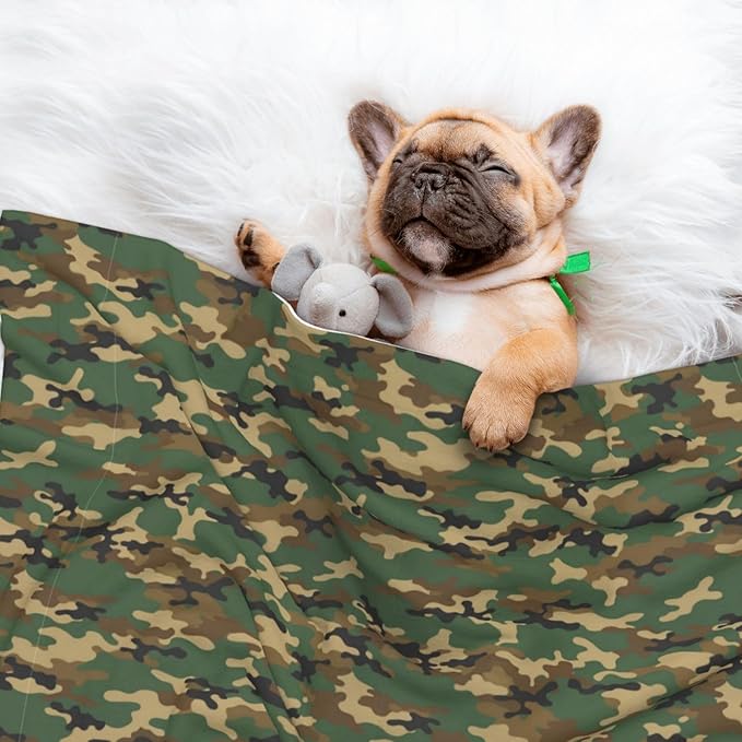 Two Sided Plush Pet Blanket for Warmth Comfort, Green Camouflage Army Camo, Reversible Throw with Cozy Nubby Side for Chilly Nights Napping Spots Around House
