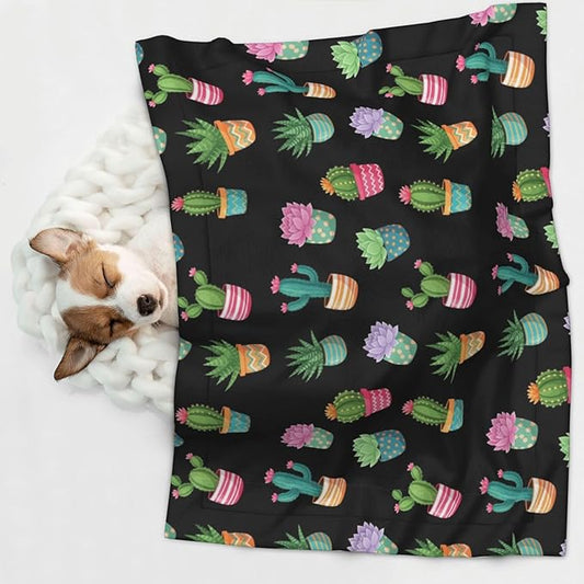 Two Sided Pet Cuddler Blanket for Anxiety Calming, Succulent Cactus Potted Plants, Reversible Plush Design with Bubble Dot Pattern Provides Familiar Surface Anywhere