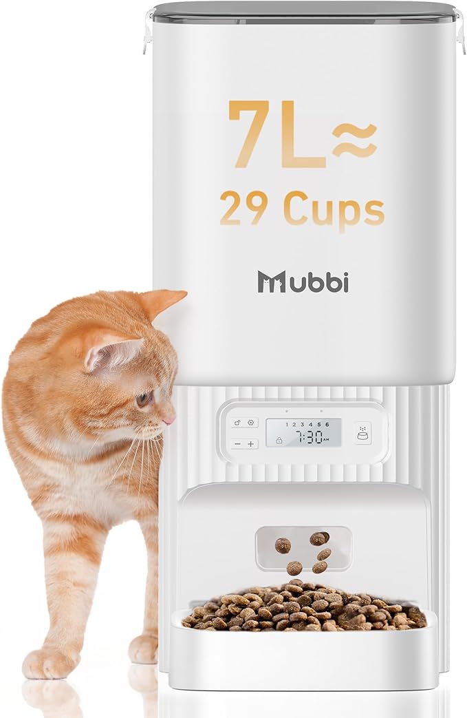 Automatic Cat Feeders, 7L/29 Cups Automatic Dog Feeder with Desiccant Bag, 1-6 Meals Ideal for 2-15mm Dry Food, Suitble for Multiple Pets, Dual Power Supply, Detachable Washable