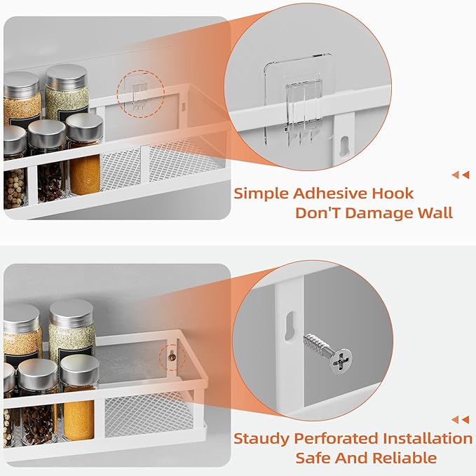 Spice Rack Wall Mounted, 4 Pack Pantry Door Organizer & Hanging Storage Baskets Organizer Wall Mount, Large Capacity Metal Spice Shelf for Kitchen Cabinet, Bathroom, Shower, Home Decor