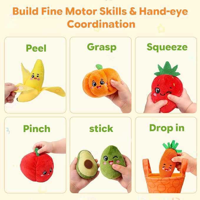 Baby Toys 6-12 Months, Sensory Fruit & Vegetable Toy Set with Rattle, Crinkle & Color Sorting Baskets, 16 PCS Montessori Fine Motor Toy for 6-18 Months, Baby Gifts for Boy Girl 6 9 Months Old