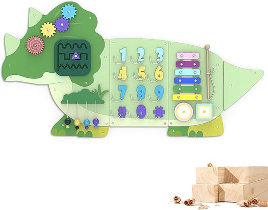 BlueWood Wooden Wall Busy Board Panels, Toddler Learning Activity Center, Montessori Philosophy Sensory, Educational Toys, Conducive to All-Round Development - Triceratops