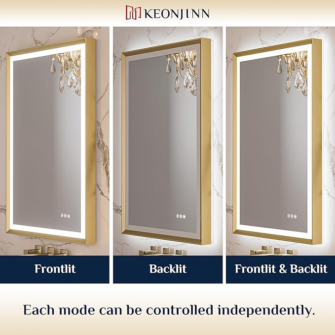 Keonjinn Gold LED Bathroom Mirror 20 x 28 Inch with Frontlit & Backlit, Lighted Mirrors Metal Framed for Wall, Stepless 3 Colors Lights, Anti Fog, Tempered Glass, Brighter and No Dark Corner
