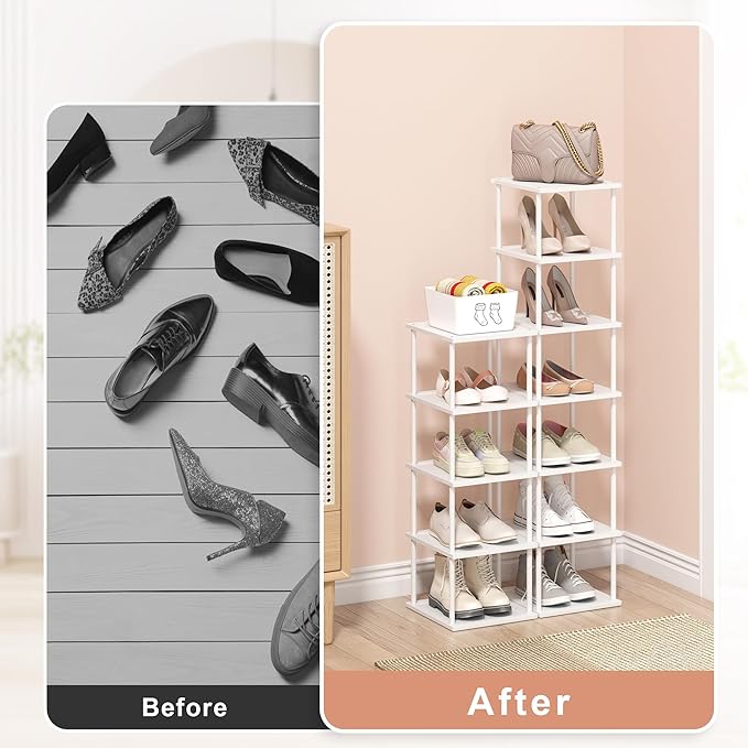 Bamboo Free Standing Shoe Rack Shelf Multi Tier Tall Wooden Stackable Shoes Rack Organizer for Closet Front Door Entrance Narrow Vertical Shoe Storage (White, 12 Tiers)
