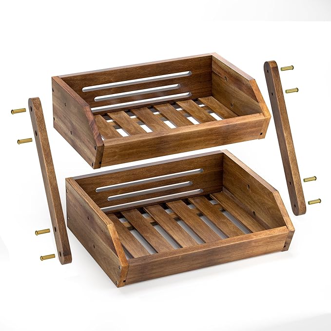 G.a HOMEFAVOR Fruit Basket: 2-Tier Acacia Wood Fruit Bowl for Kitchen, Fruit Stand Storage Holder for Vegetables and Snack Home Kitchen Countertop Organizer (Self-assembly)