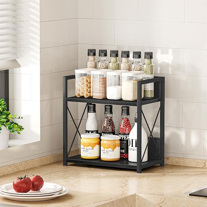 Giikin Countertop Organizer, 2 Tier Coffee Station Organizer for Desktop, Wood Counter Shelf Spice Rack for Kitchen (Black, M)