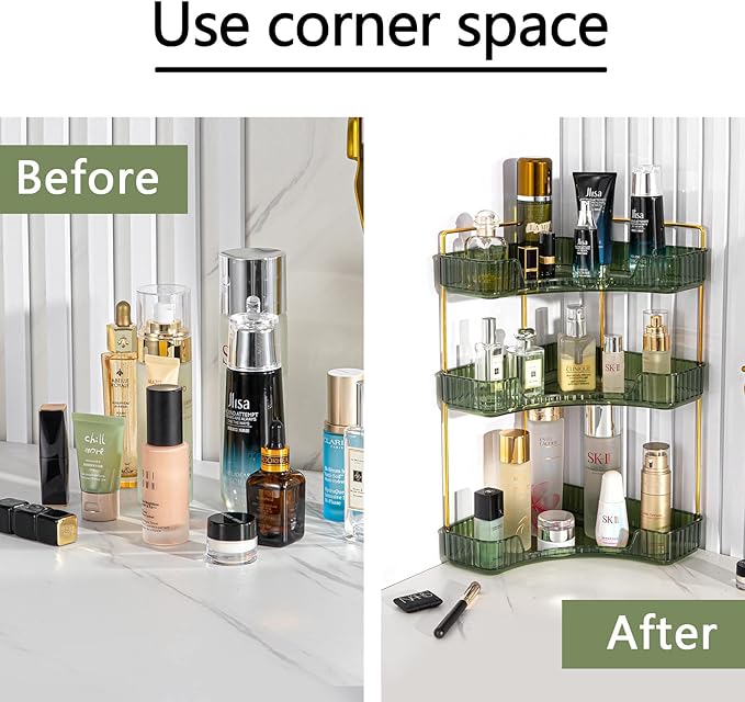 shuang qing 3-Tier Corner Bathroom Counter Organizer – Classic Storage Shelf for Makeup, Perfume & Toiletries, Space-Saving Countertop Tray Fits Bathroom, Dresser, Kitchen (Sage Green)