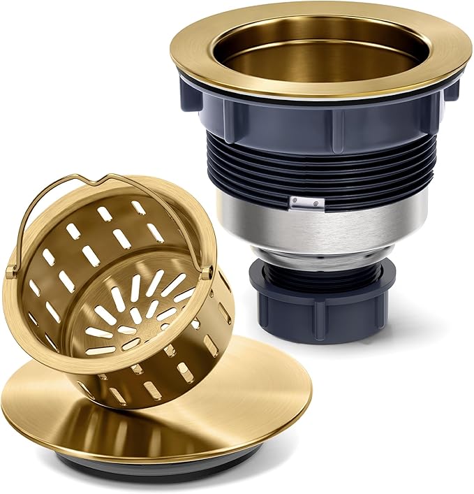 BOTEMY Kitchen Sink Drain Assembly with Removable Deep Basket Strainer, Anti-Clog Sink Drain Kit, Stainless Steel & ABS, Easy Clean Lift-Out Strainer, Fits Standard 3-1/2 Kitchen Sinks - Gold