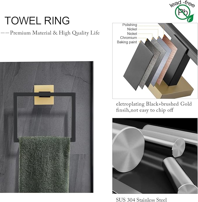 TNOMS 5 Pieces Bathroom Hardware Accessories Set Black and Gold Towel Bar Set,Wall Mounted Stainless Steel,23.6 Inch