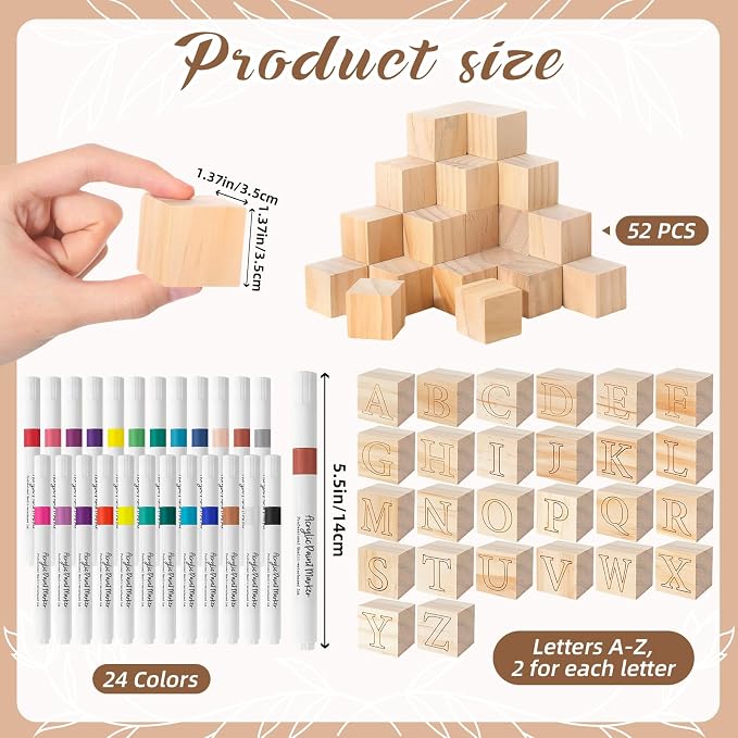 117 Pcs Baby Shower Blocks to Decorate Game Kit Includes 52 Wooden Blocks 24 Markers 1 Game Sign 40 Templates to Paint (Kraft)
