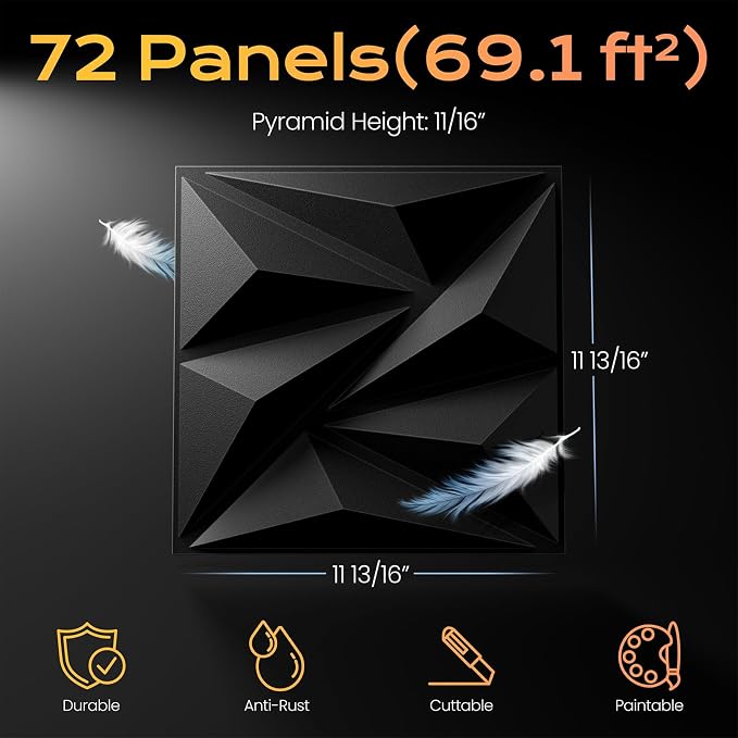 Sonicism Wall Panels Upgrade 72 Pack, 0.7”x11.8”x11.8”Pyramid 3D Wall Panels