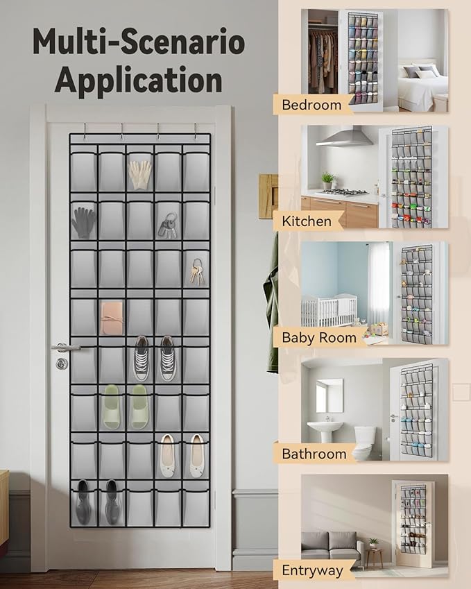 dodowin Over the Door Shoe Organizers, 2 Pack (Black 24-Pocket & Grey 40-Pocket) - Hanging Shoe Rack with 4 Metal Hooks, Space Saving Foldable Storage for Closet Door