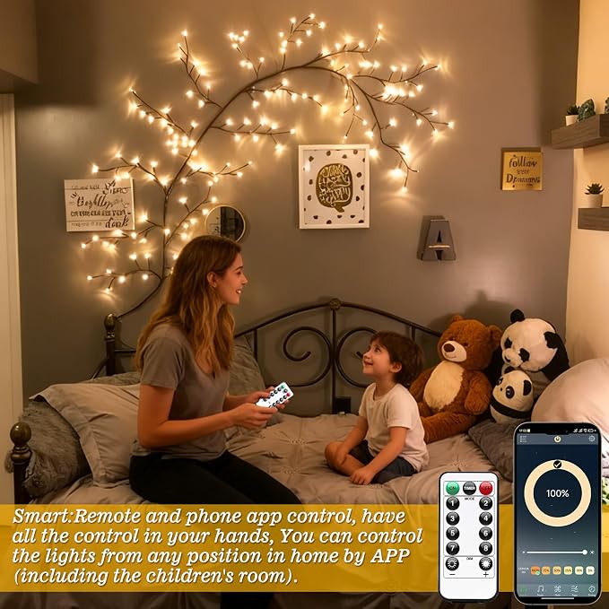 GOESWELL Smart Vine Light for Room Decor: 7.5ft 144 LEDs Music Timer Dimmable