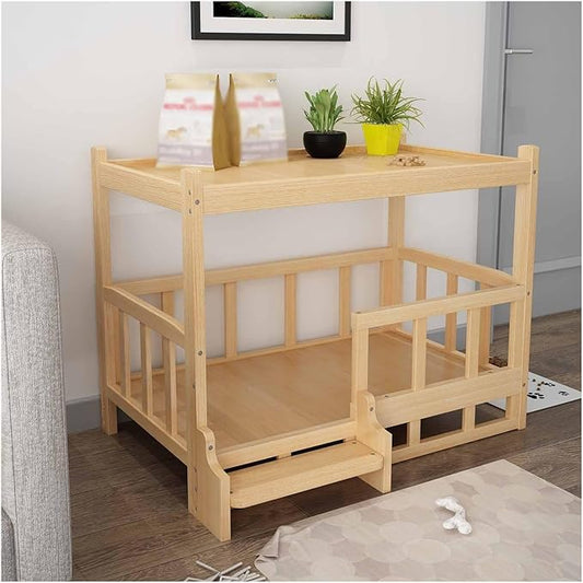 XPLKQXE Dog Bed Wood Platform, Elevated Pet Cushion Bed, Animal Couch with Mattress, Dog Beds & Furniture Rest Cot, Portable Fence Bed Pet Up to 45kg/100lbs(Color:Woody,Size:60x45x65cm)