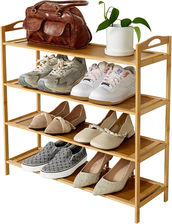 4 Tier Bamboo Shoe Rack, Free Standing Shoe Racks, Shoes Rack Organizer, Bamboo Wood Shoe Rack for Entryway and Closet Hallway (27.5" x 9.25" x 27.1")
