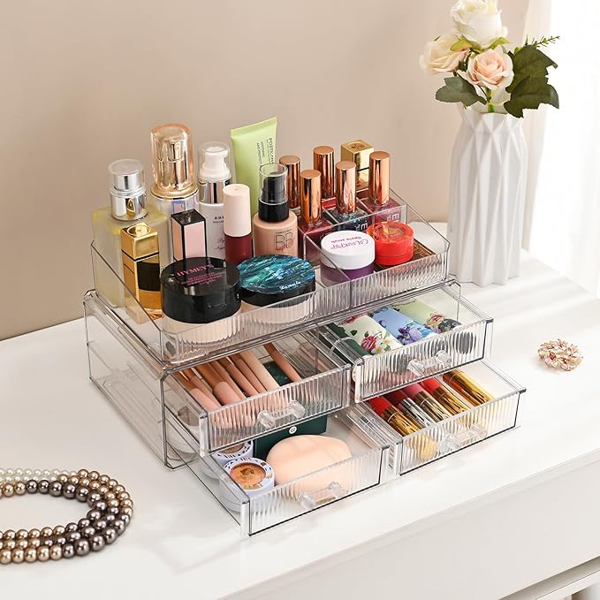 ZHIAI stackable storage drawer, transparent cosmetics storage box, cosmetics and beauty products storage organizer, suitable for makeup room, bathroom, storage room, home