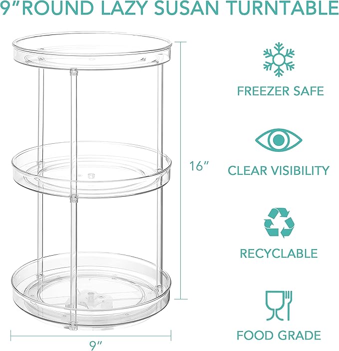 URALFA 3 Tier Bathroom Lazy Susan Organizer, 9 Inch Clear Rotating Makeup Organizer for Vanity, High-Capacity Acrylic Skincare Organizers 360 Rotating Tray for Countertop, Pantry, Kitchen, Cupboard