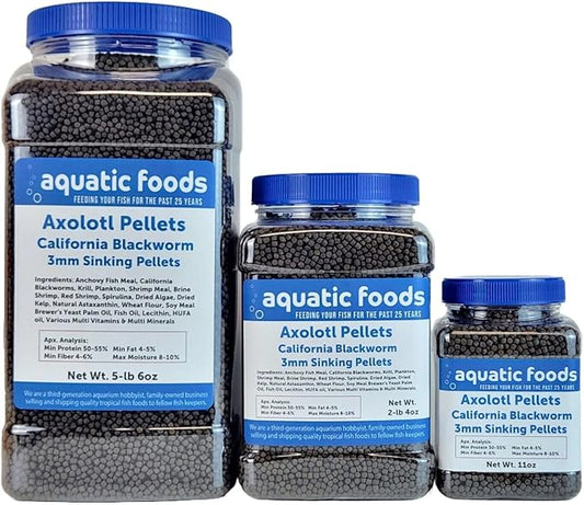 Aquatic Foods Inc. Axolotl Blackworm Pellets. 3mm-1/8 Sinking California Blackworm Medium Pellets for Medium/Large Axolotl, Frogs, Shrimp, Salamanders, Newts, Snails…11oz Jar