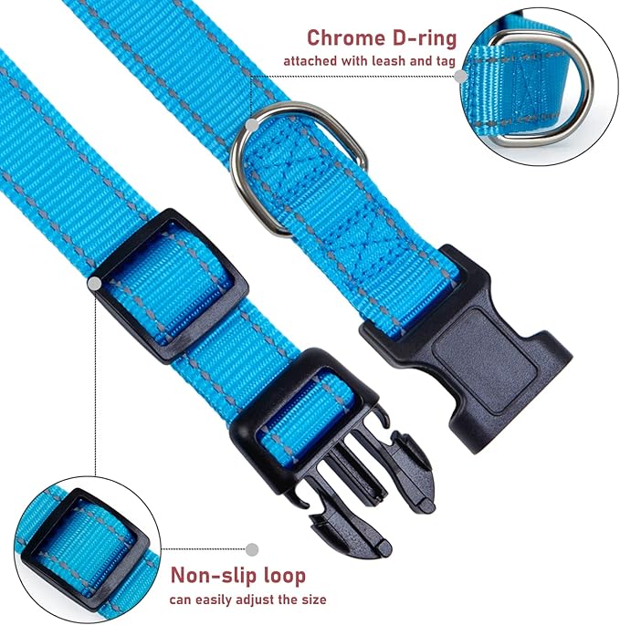 Reflective Dog Collar with Buckle Adjustable Safety Nylon Collars for Small Medium Large Dogs, Blue M