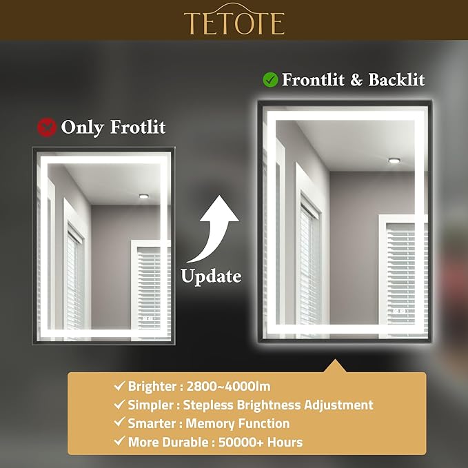 TETOTE 24 x 36 Bathroom LED Mirror Brushed Black Metal Frame Frontlit & Backlit Vanity Mirror Anti-Fog Stepless Dimmable 3 Colors White/Warm/Natural Mirror with Lights Wall-Mounted