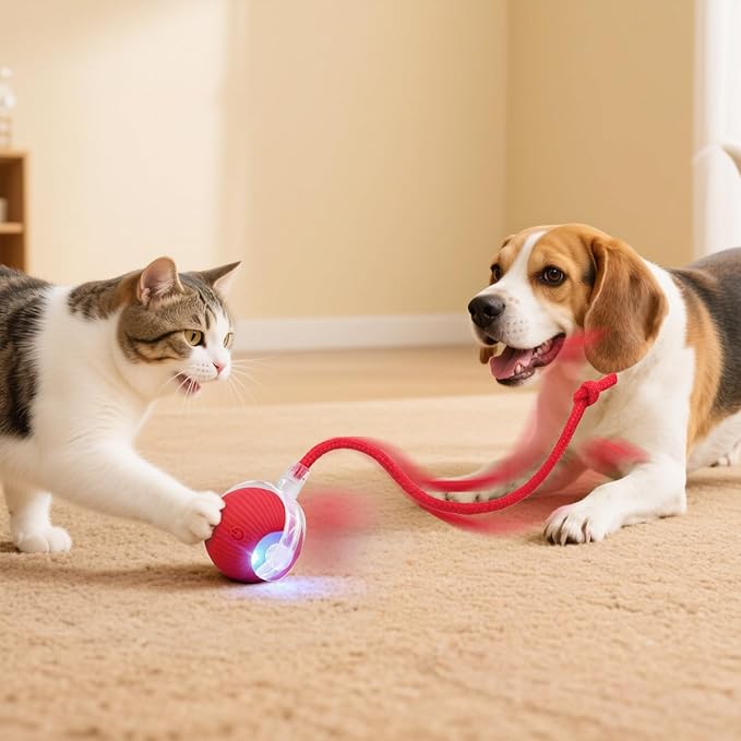 Interactive Electric Automatic Rolling Moving USB Rechargeable Self Activated Play Stimulation Toy Smart Chase Teaser Ball with Speedy Tail Rope for Bored Adult Indoor Cats and Dogs, Blue