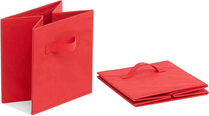 Amazon Basics Cube Organizer Storage Bins Handles, Collapsible Fabric, Pack of 6, 10.5"x10.5"x11", Red