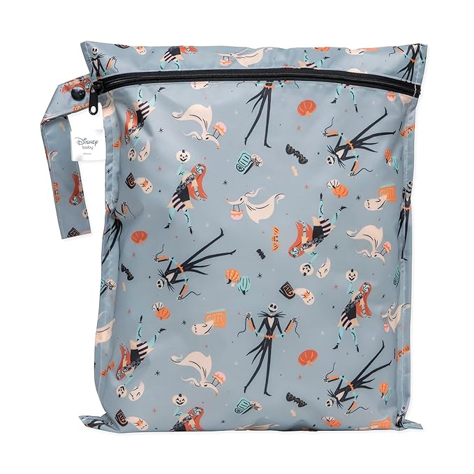 Bumkins Disney Waterproof Wet Bag for Baby, Travel, Swim Suit, Cloth Diapers, Pump Parts, Pool, Beach, Gym Clothes, Toiletry, Hook to Stroller, Daycare, Zip Reusable Wetdry, Nightmare Before Christmas