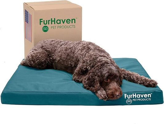 Furhaven Indoor/Outdoor Logo Oxford Polycanvas Mattress - Water-Resistant Orthopedic Dog Bed w/ Removable Cover, 125 lb max - Deep Lagoon, Large