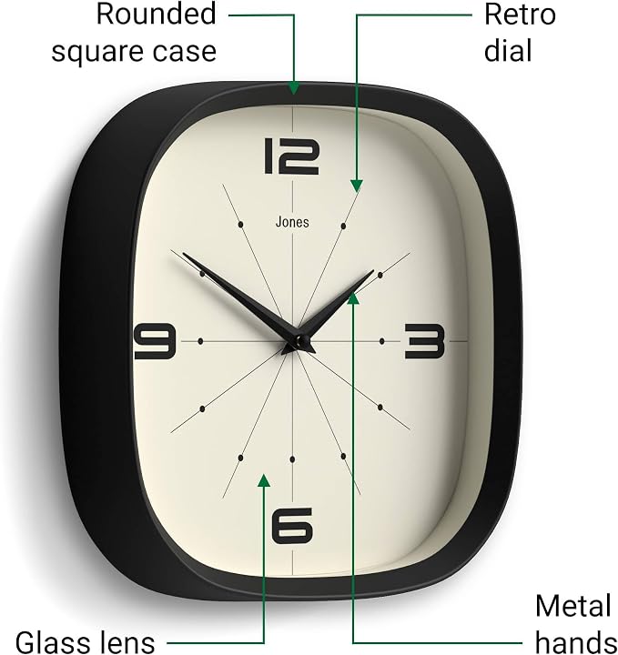 JONES CLOCKS® Pulsar wall Clock | Square Rounded Retro Clock | 10 inch | Black