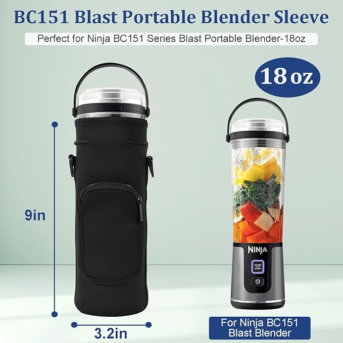 Storage Sleeve Bag for Ninja Blast Portable Blender with Shoulder Strap and Accessory Pocket Compatible with Ninja BC151NV/BC51NV/BC151BK/BC151CR/BC151EM/BC151PR/BC151WH Blast Portable Blender(Black)