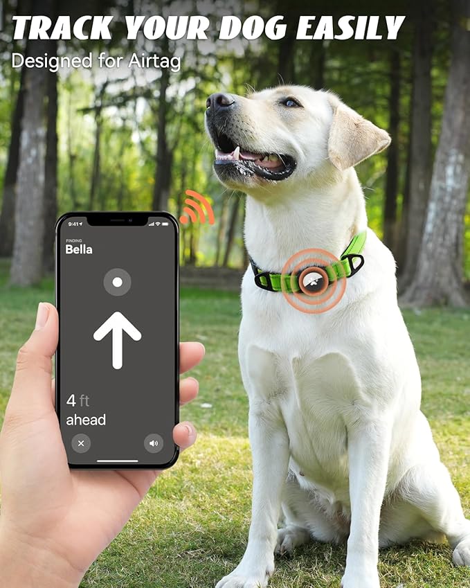 Joytale Airtag Dog Collar, Reflective Pet Collar with Waterproof AirTag Holder, Dual D-Rings, Soft Padded Adjustable for Medium Dogs, Green, M