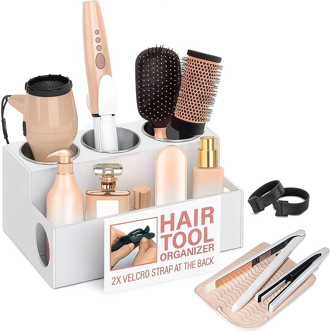 Casavita White Hair Tool Organizer with Heat-Resistant Mat - Durable Acrylic Makeup Organizer Countertop for Blow Dryers, Flat/Curling Irons, & Toiletries - Stainless Steel Cups, Cord Management