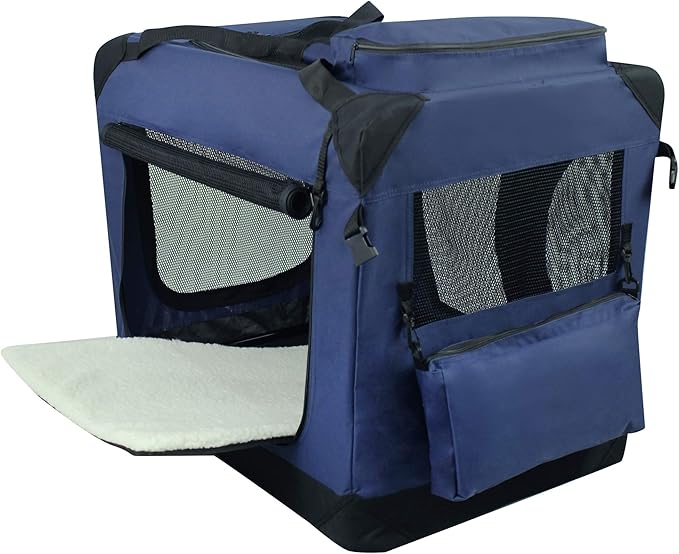 EliteField 3-Door Folding Soft Dog Crate with Carrying Bag and Fleece Bed (2 Year Warranty), Indoor & Outdoor Pet Home (30" L x 21" W x 24" H, Navy Blue)