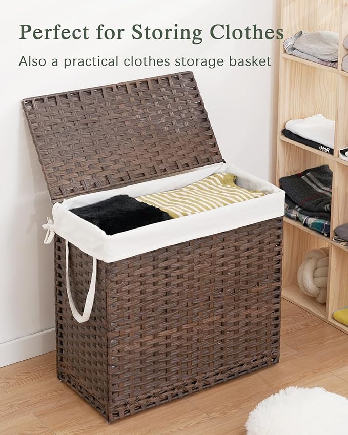 Laundry Hamper with Lid Laundry Basket 132 L (35 Gal) Wicker Clothes Hamper, Handwoven Rattan Hamper with Handles and 4 Removable Liner Bags, 6 Mesh Bags for Laundry Bedroom Brown