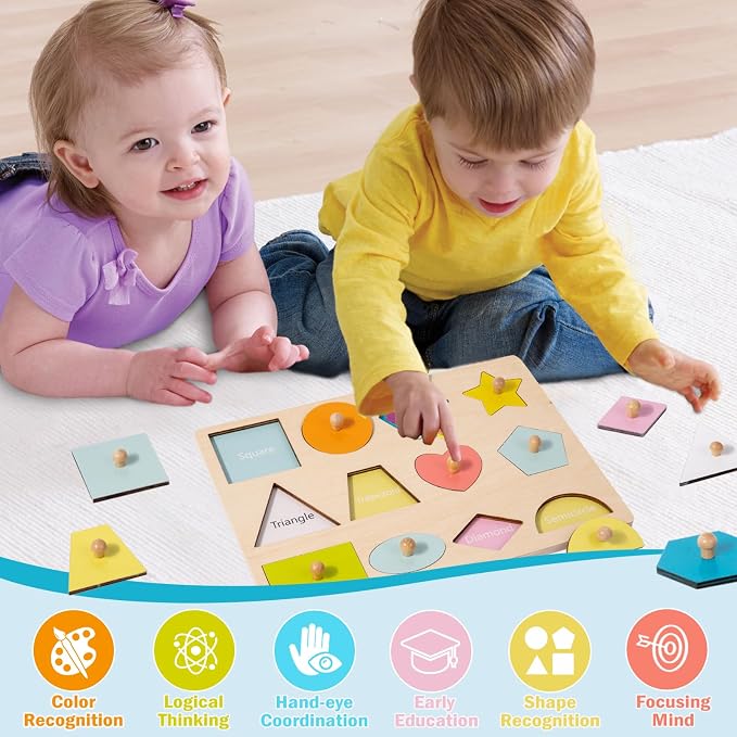 Montessori Toy for Babies 12-18 Months Wooden Shape Puzzles for Toddlers 1-3,Shape Peg Puzzles,Baby Puzzle 12-18-24 Months with Knob,Color & Shape Sorter for Toddlers(12 Geometric Shapes)