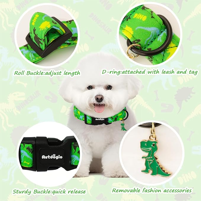 Dinosaur Dog Collar，Green with Multicolor Dino Pattern Handmade Cotton Collar for Small Medium Large Dogs, Adjustable & Comfortable Puppy Collar for Daily Walks, Park Adventures or Photos-L