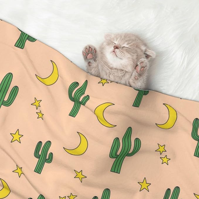 Double Sided Pet Mat for Dog Bed Topper Cat Blanket Furniture Protector, Cactuses Moon, Reversible Plush with Tactile Dot Pattern for Style Change