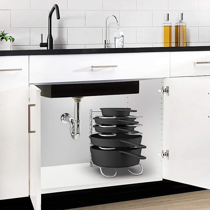 CAXXA Heavy Duty Pan Rack, Pot Lid Rack, Kitchen Cabinet Pantry Cookware Organizer Rack Holder with 5 Adjustable Dividers, Chrome
