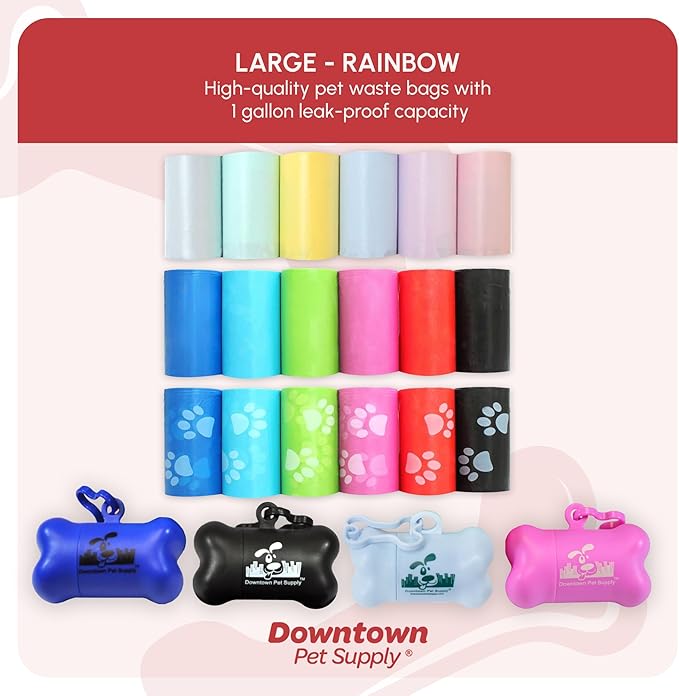 Downtown Pet Supply Unscented Poop Bags for Dogs with Dispenser, 1000 Count - Leak-Proof Dog Waste Bags and Bone-Shaped Dog Poop Bags Holder for Leash - Pastel Rainbow, 12.5" x 8.5"