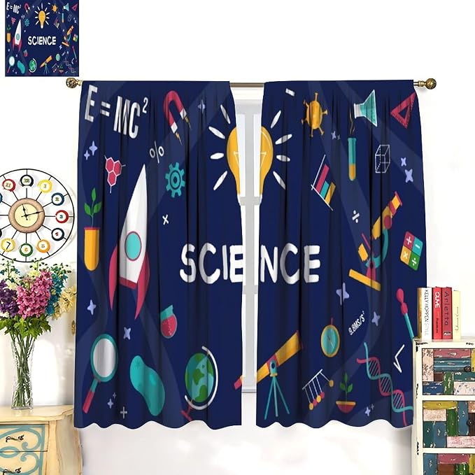 Science Symbols Kids Curtain Sketches Cartoon Chemistry Physics Geometry Education Pattern Print Window Drapes for Bedroom Living Room Kitchen Decor,2 Panel Set,42x63 Inch Blackout