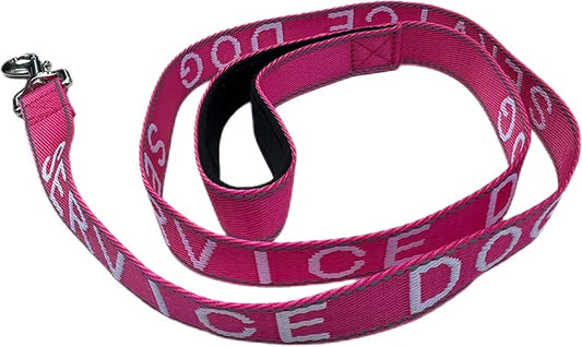 Albcorp Service Dog Leash 4 FT x 1 Inch – Reflective Leash with Embroidered Service Dog Lettering, Heavy-Duty Nylon, Padded Neoprene Handle, Pink.
