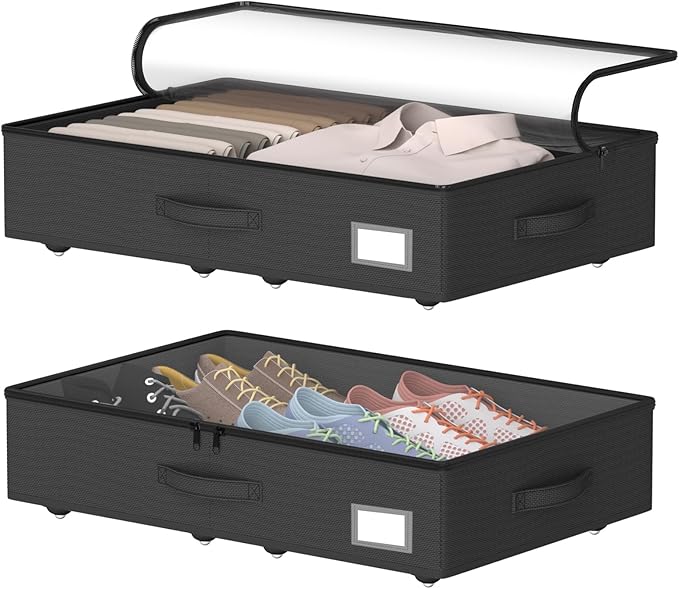 Underbed Storage With Wheels, No Assembly Required - 5.5 Inch Height Black Underbed Bins, Low Profile Rolling Shoe Storage Containers for Dorm