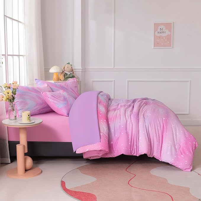 4Pcs Pink Comforter Set Full for Kids Girls, Pink Art Tie Dye Bedding Sets with Sheets, Bed in A Bag Full(1 Comforter, 1 Flat Sheet, 2 Pillowcases)