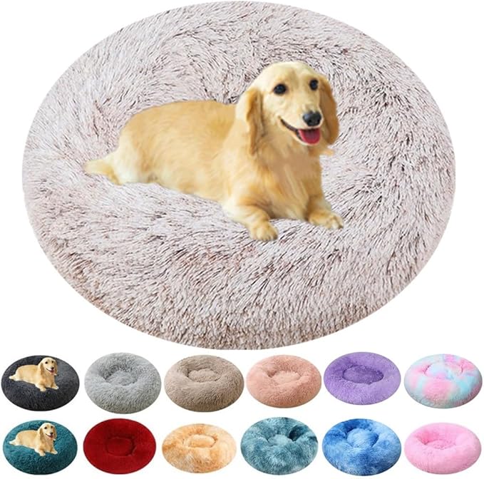 Dog Bed & Cat Bed for Small Medium Dogs, 27 Inch Calming Dogs Bed Anti-Anxiety Machine Washable Fluffy Luxury Anti-Slip Waterproof Pet Puppy Round Bed (Coffee White)