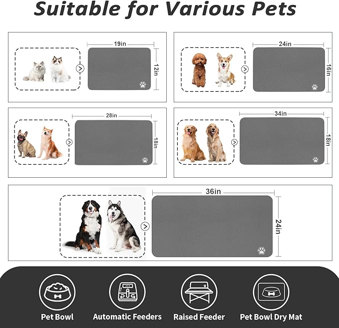 Dog Food Mat - Absorbent Cat Mat for Food and Water, No Stains Pet Feeding Bowl Mat, Easy to Clean Pet Placemats, Quick Dry Dog Water Dispenser Mat for Messy Drinkers | Paw Dark Grey 16"x 24"