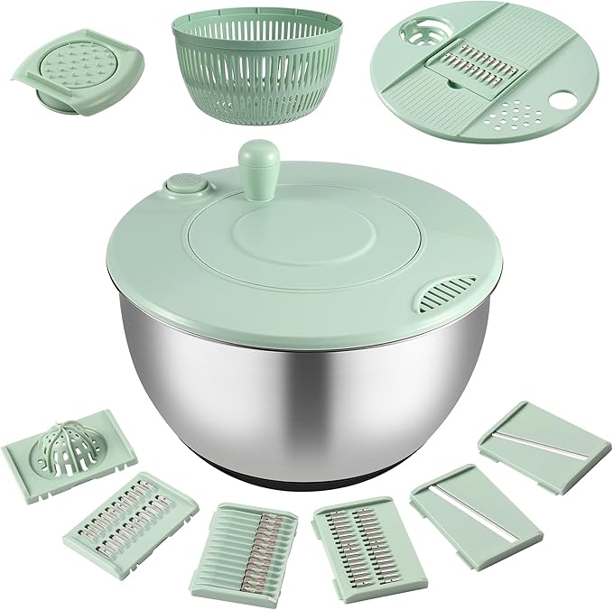 Salad Spinner Stainless Steel, 5.3 Qt Large Vegetables & Fruits Wash Bowl, Lettuce Washer Spinne with 5 Blade Slicer Egg Yolk Strainer, Lettuce Spinner with Stop Button Drain Spout for 2-3 Servings