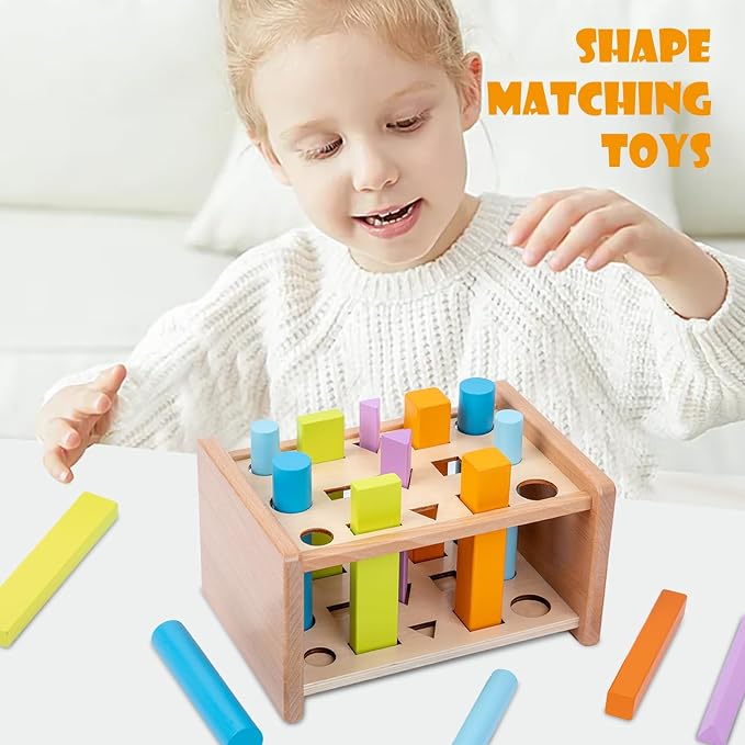 Adena Montessori 15-Piece Shape Sorting Sticks Toy, 1-3y | 15 gradient-colored pegs + pegbox. Builds color/shape recognition, fine motor & problem-solving. Montessori gift 1-3y.