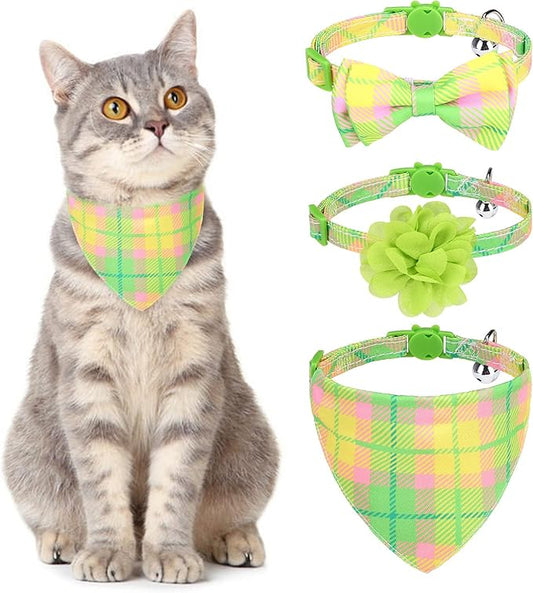 Breakaway Cat Collars with Bell & Cute Pendants - 3 Pack Adjustable Safety Kitten Collars - Decoration for Girl Boy Cats Puppy and Small Pets (Style C - Green Plaid)