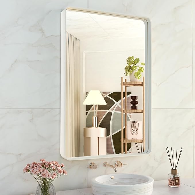 WEER White Bathroom Mirror 24X36 Inch, Rounded Rectangle White Metal Frame Mirror, Matte White Bathroom Vanity Mirror with Tempered Glass, Anti-Rust, Hangs Horizontally or Vertically
